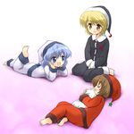  bad_id bad_pixiv_id barefoot blonde_hair blue_eyes blue_hair brown_hair hat lunasa_prismriver lyrica_prismriver marugoshi_(54burger) merlin_prismriver multiple_girls pajamas pillow short_hair siblings sisters sleeping touhou yellow_eyes 