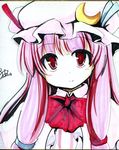  bad_id bad_pixiv_id closed_mouth fa_no_hito hat long_hair marker_(medium) patchouli_knowledge portrait purple_eyes purple_hair ribbon shikishi smile solo touhou traditional_media 