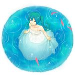  aqua_hair beamed_eighth_notes circle closed_eyes dress eighth_note fish hatsune_miku long_hair musical_note quarter_note rain see-through solo twintails urue vocaloid water wet wet_clothes white_dress 