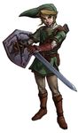  absurdres artist_request blonde_hair blue_eyes earrings gloves hat highres holding holding_sword holding_weapon jewelry left-handed link male_focus official_art pointy_ears reverse_grip shield solo sword the_legend_of_zelda weapon 