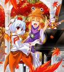  album_cover animal_ears blonde_hair cover detached_sleeves eyes grand_piano hat instrument inubashiri_momiji leaf moriya_suwako multiple_girls piano red_eyes sakino_shingetsu short_hair thighhighs tokin_hat touhou white_hair wolf_ears 