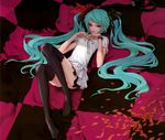  absurdres aqua_eyes aqua_hair bangs bed_sheet black_legwear black_ribbon bracelet breasts checkered convenient_leg dress feet full_body green_hair hair_ribbon hatsune_miku headphones headphones_removed highres jewelry knees_up long_hair looking_at_viewer lying neck_ribbon no_shoes on_back on_bed parted_lips petals red_ribbon redjuice reference_work ribbon scan short_dress short_sleeves small_breasts smile solo swept_bangs thighhighs twintails very_long_hair vocaloid w_arms world_is_mine_(vocaloid) zettai_ryouiki 