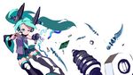  android aqua_eyes aqua_hair detached_sleeves hatsune_miku headphones headset knife kuroameman lightning long_hair mechanical_parts necktie one_eye_closed panties simple_background skirt solo thighhighs twintails underwear vocaloid 