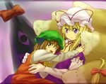  animal_ears blonde_hair brown_hair cat_ears chen elbow_gloves ema20 gap gloves hat hug long_hair multiple_girls multiple_tails purple_eyes short_hair tail touhou yakumo_ran yakumo_yukari 