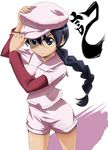  baseball_uniform blue_eyes blue_hair braid hat hat_tug highres nomal owari_noriko shorts solo sportswear taishou_yakyuu_musume 