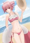  absurdres asuto3 beach bikini day drill_hair dutch_angle frills hat highres innertube kasane_teto outdoors pink_hair red_eyes short_hair side-tie_bikini solo swimsuit twin_drills twintails utau 