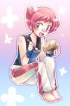  bad_id bad_pixiv_id bandaid barefoot bowl feet fingerless_gloves food gloves gym_leader highres holding holding_spoon kousetsu pink_eyes pink_hair pokemon pokemon_(game) pokemon_dppt smile solo spoon sumomo_(pokemon) 