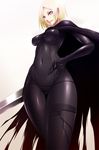  bad_id bad_pixiv_id black_bodysuit blonde_hair bodysuit cape claymore claymore_(sword) grin helen_(claymore) impossible_clothes latex navel shokuyou_mogura short_hair silver_eyes smile solo sword weapon 