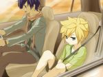  aqua_eyes blonde_hair blue_eyes blue_hair car car_interior ground_vehicle kagamine_len kaito male_focus motor_vehicle multiple_boys oumi_sanaka right-hand_drive shorts sitting smile vocaloid 