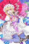  blonde_hair eyes flower gap hat n-mix oriental_umbrella purple_eyes short_hair solo thighhighs touhou umbrella yakumo_yukari 