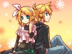  1girl alternate_costume bad_id bad_pixiv_id blonde_hair blue_eyes bow brother_and_sister hair_ornament hairclip headphones kagamine_len kagamine_rin kousetsu pants ponytail siblings skirt smile twins vocaloid wallpaper 