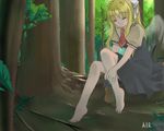  air artist_request barefoot blonde_hair crossed_legs feet forest hair_ribbon kamio_misuzu long_hair lowres nature oekaki ponytail ribbon school_uniform shoes sitting solo tree wings 