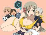  3boys arieko austria_(hetalia) axis_powers_hetalia bad_id bad_pixiv_id bikini blush breasts chibi flower front-tie_top giantess green_eyes grey_hair hair_flower hair_ornament hungary_(hetalia) large_breasts multiple_boys multiple_girls pinned prussia_(hetalia) seychelles_(hetalia) swimsuit united_kingdom_(hetalia) 