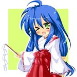  :3 ahoge bad_id bad_pixiv_id blue_hair blush gohei green_eyes izumi_konata japanese_clothes long_hair lucky_star miko mole mole_under_eye one_eye_closed rikatan solo 