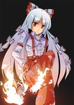  aioi_aoi bow fire fujiwara_no_mokou hair_bow hair_ribbon long_hair red_eyes ribbon silver_hair solo suspenders touhou 