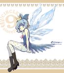 1girl bad_id bad_pixiv_id blue_eyes blue_hair boots bow cirno crown hair_bow hatoya_hato short_hair solo thighhighs touhou wings 