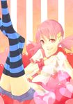  :d aji_nashi_(dress) akane_(pokemon) bad_id bad_pixiv_id gym_leader hair_ornament hairclip heart heart-shaped_pupils heart_hands legs_up open_mouth pink_eyes pink_hair pokemon pokemon_(game) pokemon_hgss shorts smile solo striped striped_background striped_legwear symbol-shaped_pupils thighhighs twintails vertical-striped_background vertical_stripes 