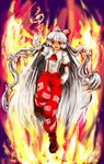  boots fiery_wings fire fujiwara_no_mokou hair_ribbon hand_in_pocket long_hair mogukk open_mouth pants red_eyes ribbon shirt shoes silver_hair solo suspenders touhou white_shirt wings 