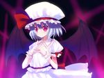  bat_wings blue_hair hands_together hat meito_(maze) own_hands_together red_eyes remilia_scarlet short_hair slit_pupils solo touhou upper_body wallpaper wings 