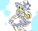  apron black_dress blonde_hair chigo dress hat holding kirisame_marisa looking_at_viewer puffy_short_sleeves puffy_sleeves short_sleeves solo standing stick touhou waist_apron witch_hat 