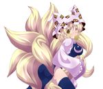  animal_ears blonde_hair fox_tail hat kuromiya mouth_hold multiple_tails short_hair solo tail thighhighs touhou yakumo_ran 