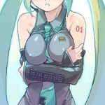  bare_shoulders between_breasts breast_hold breasts covered_nipples crossed_arms detached_sleeves green_hair hatsune_miku head_out_of_frame large_breasts lowres monk_(syugyousou) necktie oekaki solo twintails vocaloid 