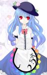  blue_hair food fruit hat hinanawi_tenshi long_hair peach red_eyes solo sorayo touhou 