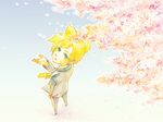  aqua_eyes blonde_hair cherry_blossoms colored_pencil_(medium) formal from_above kagamine_len looking_up male_focus necktie shou_shishi solo suit traditional_media tree vocaloid watercolor_(medium) 