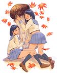  autumn_leaves black_hair black_legwear blue_skirt brown_footwear closed_eyes hug kneehighs kneeling leaf loafers long_hair long_sleeves makapon midriff multiple_girls mushroom object_hug open_mouth original pleated_skirt school_uniform serafuku sexually_suggestive shoes sitting skirt 