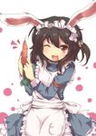  alternate_costume animal_ears apron bad_id bad_pixiv_id black_hair bunny_ears carrot enmaided highres inaba_tewi maid nejime one_eye_closed open_mouth red_eyes short_hair solo touhou 