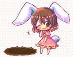  animal_ears barefoot brown_hair bunny_ears chibi chocolat_(momoiro_piano) hole inaba_tewi one_eye_closed solo touhou 