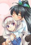  ^_^ black_hair blush closed_eyes earrings ganaha_hibiki hug hug_from_behind idolmaster idolmaster_(classic) jewelry long_hair maru_(sara_duke) multiple_girls purple_eyes shijou_takane silver_hair smile sweatdrop 