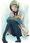  androgynous bad_id bad_pixiv_id bag dark_skin eyepatch green_eyes green_hair knees_together_feet_apart looking_at_viewer minami_(lida) mutsuki_tooru necktie pants reverse_trap short_hair sitting smile solo tokyo_ghoul tokyo_ghoul:re 