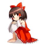  :/ armpits bad_id bad_pixiv_id barefoot bow brown_hair dai-erie detached_sleeves full_body hair_bow hair_tubes hakurei_reimu knees_to_chest leg_hug looking_at_viewer red_eyes ribbon-trimmed_sleeves ribbon_trim sarashi shadow short_hair simple_background sitting solo touhou white_background 