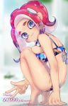  artist_name barefoot bikini blue_eyes blurry blurry_background breast_press breasts english followers from_side highres kashu_(hizake) large_breasts looking_at_viewer octoling red_hair smile solo splatoon_(series) splatoon_2 swimsuit tentacle_hair thank_you tiptoes v watermark 