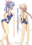  artist_name barefoot blonde_hair blue_hair breasts competition_school_swimsuit hair_ornament hair_ribbon hands_on_hips i-19_(kantai_collection) kantai_collection large_breasts long_hair multicolored_hair multiple_girls old_school_swimsuit one-piece_swimsuit open_mouth ribbon satsuki_(kantai_collection) school_swimsuit sensen smile swimsuit translated twintails white_background yellow_eyes 