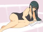  barefoot black_hair book breasts chemise cleavage covered_nipples feet glasses green_eyes highres ino kisaragi_rei large_breasts lips long_hair looking_at_viewer lying nipples on_side otome_function red-framed_eyewear see-through sketch solo toes 
