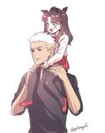  1girl archer blue_eyes brown_hair byulrorqual carrying child dark_skin fate/stay_night fate/zero fate_(series) shoulder_carry thighhighs time_paradox toosaka_rin twintails white_hair 