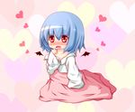  bat_wings blue_hair detached_wings fang hair_between_eyes heart heart_background kisa_(k_isa) long_sleeves open_mouth oversized_clothes red_eyes remilia_scarlet short_hair sleeves_past_wrists solo touhou wings 