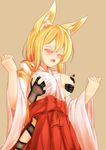  animal_ears blonde_hair blush breast_grab breast_slip breasts closed_eyes cowboy_shot disembodied_limb fox_ears grabbing groping highres himeka_chiyako large_breasts long_hair minaha_(playjoe2005) nipple_tweak nipples no_bra no_panties one_breast_out open_mouth original shadow_hands sideboob simple_background solo_focus wide_sleeves 