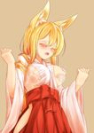  animal_ears blonde_hair blush breast_grab breast_slip breasts closed_eyes cowboy_shot disembodied_limb fox_ears grabbing groping highres himeka_chiyako large_breasts long_hair minaha_(playjoe2005) nipples no_bra no_panties one_breast_out open_mouth original sideboob simple_background solo_focus wide_sleeves 