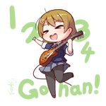  :d black_legwear blazer brown_hair chibi closed_eyes cosplay electric_guitar full_body guitar hair_ornament hairpin hirasawa_yui hirasawa_yui_(cosplay) instrument jacket k-on! koizumi_hanayo langbazi love_live! love_live!_school_idol_project number open_mouth otonokizaka_school_uniform pantyhose pleated_skirt plectrum romaji round_teeth sakuragaoka_high_school_uniform school_uniform short_hair signature simple_background skirt sleeves_rolled_up smile solo standing standing_on_one_leg teeth white_background 