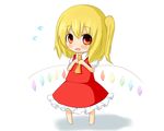  blonde_hair dress fang flandre_scarlet hair_between_eyes kisa_(k_isa) open_mouth red_dress red_eyes short_hair short_sleeves side_ponytail simple_background solo touhou white_background 