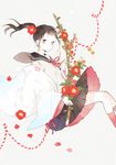  black_hair branch flower japanese_clothes leaf long_hair muted_color original pale_skin petals pleated_skirt ponytail school_uniform serafuku seuga simple_background skirt solo white_background 