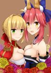  ahoge animal_ears asymmetrical_docking blonde_hair breast_press breasts cleavage fate/extra fate_(series) fox_ears fox_tail green_eyes large_breasts looking_at_viewer multiple_girls nero_claudius_(fate) nero_claudius_(fate)_(all) pink_hair tail tamamo_(fate)_(all) tamamo_no_mae_(fate) twintails yellow_eyes zeroasann 