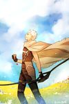  archer bow_(weapon) cloak cloud day fate/stay_night fate_(series) field male_focus niu_illuminator sky solo weapon white_hair 