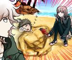  2boys ahoge beach blush_stickers brown_hair buried danganronpa day hinata_hajime komaeda_nagito multiple_boys nanami_chiaki nose_bubble palm_tree pink_eyes pink_hair role_reversal sand sand_sculpture shovel sleeping super_danganronpa_2 tezurumozuru thighhighs tree white_hair 