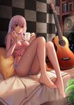  acoustic_guitar bangs bare_shoulders barefoot bed blue_eyes book bookshelf breasts camisole checkered coffee_mug cup emp_(tcrp0423) feet guitar hair_between_eyes holding holding_cup holding_spoon indoors instrument knees_up large_breasts legs long_hair long_legs looking_at_viewer mug on_bed original panties parted_lips pillow pink_camisole pink_hair sitting sleeveless smile solo spaghetti_strap speaker spoon striped striped_panties taut_clothes toes underwear 