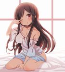  :o a_channel bed black_hair blush breasts chihaya_72 cleavage large_breasts long_hair looking_at_viewer nishi_yuuko off_shoulder one_eye_closed red_eyes ribbon-trimmed_clothes ribbon_trim rubbing_eyes sitting sleepy solo tears waking_up wariza 