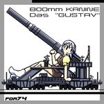  8touhei arm_support ascot black_eyes blue_hair bunny character_name dress gun hair_ornament mecha_musume military no_shoes open_mouth original personification puffy_sleeves railway_gun schwerer_gustav short_sleeves sitting socks weapon 